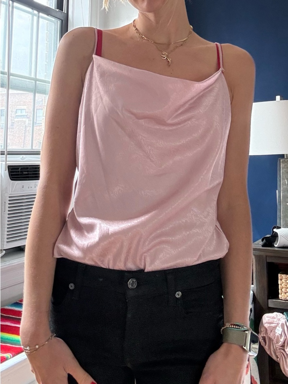 Wayf Satin Cowl Neck Cami in Light Pink with Red Straps